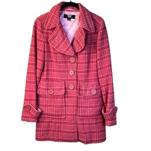 CoffeeShop Pink and Red Vintage Look Plaid Pea Coat Jacket -Small